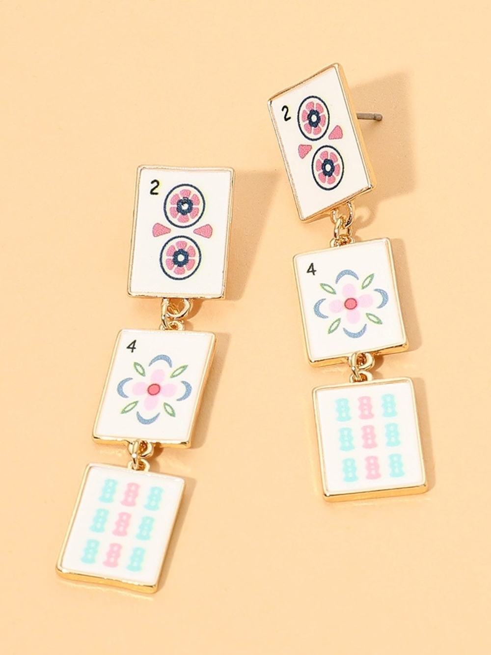 Pink Colorful Mahjong Tile Link Triple 2.25" Dangle Earrings Gold Jewelry